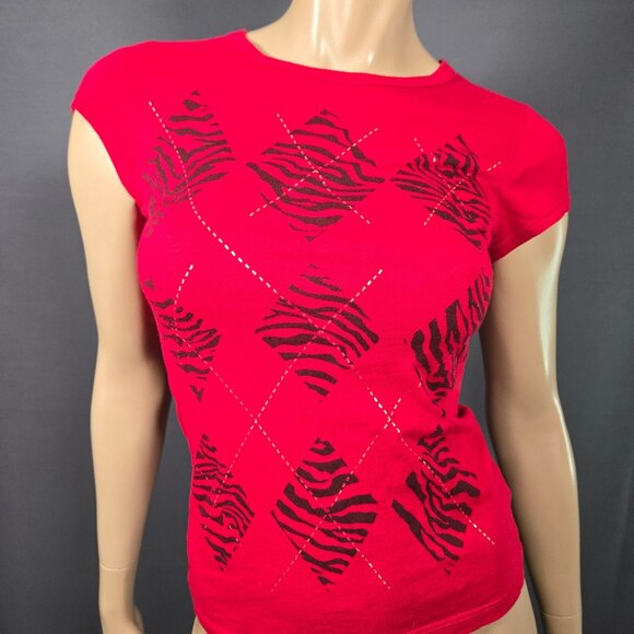 Y2K Baby Tee Red Zebra Print Argyle Size S McBling Emo Indie Grunge - Picture 1 of 8